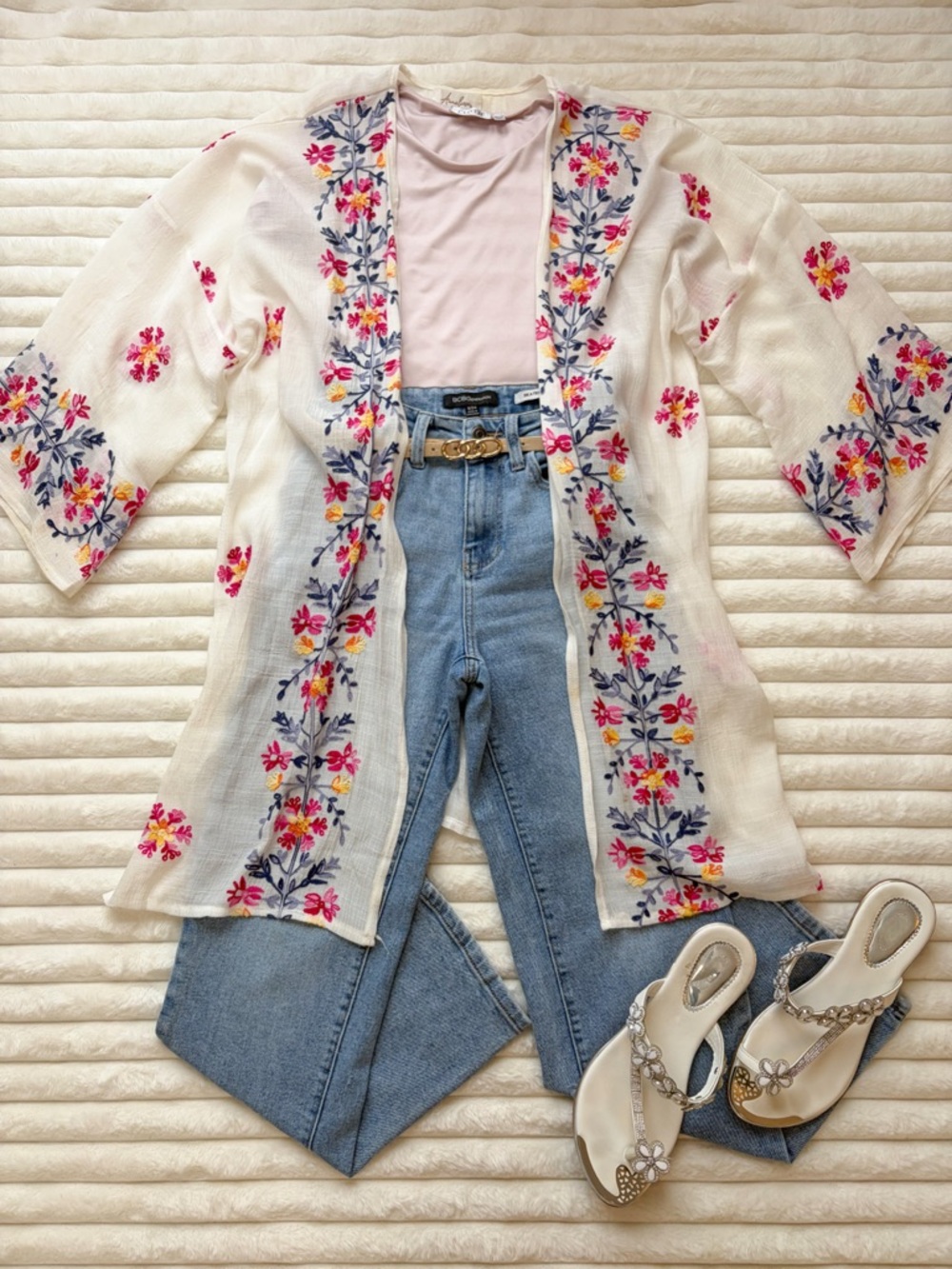 Boho Embroidered Kimono Cardigan Outfit Bundle | Floral Layered Spring Look